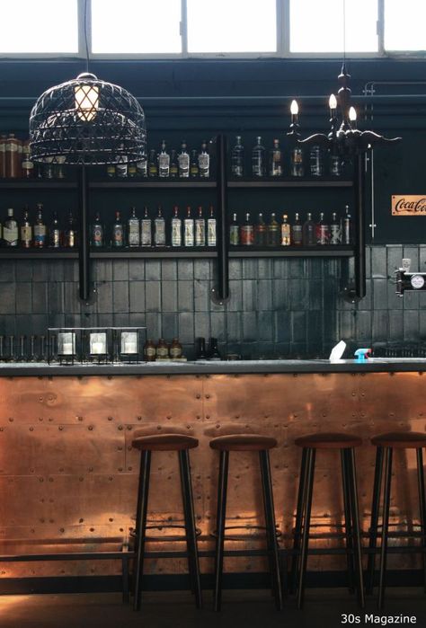 Speakeasy Restaurant Design, Small Commercial Bar Design, Modern Industrial Bar Design, Spanish Bar Interior Design, Copper Bar Design, Black And Copper Bar, Bar Cladding Ideas, Bar Reception Design, Tile Bar Front Ideas