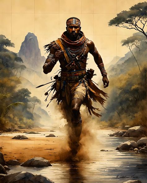 Native African Hunter, Dense Jungle Landscape, Mountains, River. Part of Our Africa Art Collection Featuring People, Animals, Landscapes. - Etsy Border Movie, 3d Shading, Jungle Warriors, Native African, Jungle Landscape, African Jungle, Afrofuturism Art, Cyberpunk Clothes, Afrique Art