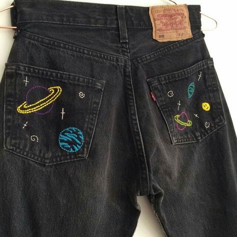 Black Jeans Embroidery Diy, Space Embroidery Jeans, Painted Jeans Inspiration, Black Jean Embroidery, Embroidery Designs For Pants, Black Jeans Painting, Painting On Black Jeans, Jean Custom Ideas, Denim Embroidery Ideas