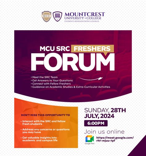 Mountcrest freshers forum flyer designed by Oppomence, Ghana. Contact us on 0247369275 Symposium Flyer Design, Mini Importation Flyer Design, Seminar Flyer Design, Fundraising Flyer Design, Company Flyer Design, Church Background, Web Design Creative, Photoshop Training, Graphic Design Inspiration Poster