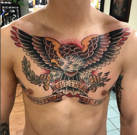 Eagle Tattoo Men Chest Piece, American Traditional Eagle Chest Tattoo, Traditional Eagle Back Tattoo, Old School Chest Tattoo Men, Traditional Chest Tattoo Men, Trad Chest Tattoo, American Traditional Tattoos Chest, Traditional Eagle Chest Tattoo, Traditional Tattoo Eagle Chest