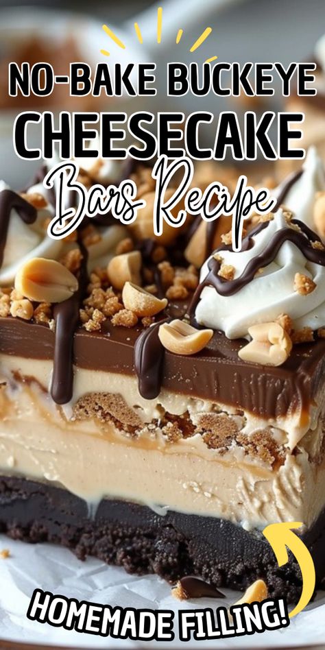 No-Bake Buckeye Cheesecake Bars Peanut Butter Cheesecake Cookie Bars, Buckeye Dessert Recipes, Chocolate No Bake Dessert Recipes, I Am A Baker Recipes, No Bake Turtle Mini Cheesecakes, Buckeye Cake Recipe, Sweet Dessert Recipes Easy, 9 By 13 Desserts, No Bake Buckeye Bars