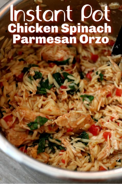 Instant Pot Chicken Spinach Parmesan Orzo--a one pot meal with chicken, pasta, tomatoes, spinach and parmesan cheese. #instantpot #instapot #chicken #easydinner #onepotmeal Instant Pot Recipes Ww, Instant Pot Chicken And Spinach Recipes, Instapot Chicken And Orzo, Instant Pot Recipes With Spinach, Instapot Orzo Chicken, Instapot Orzo Recipes, Chicken Tomato Orzo Recipes, Instapot Chicken Orzo Recipes, Top Instant Pot Recipes