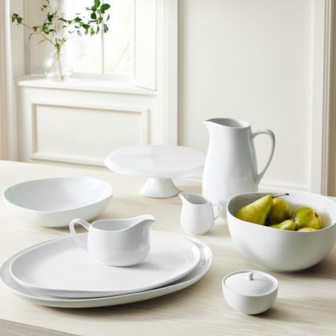 pitcher | West Elm Modern Serveware, Small Platter, Porcelain Dinnerware, Oval Platter, Key Details, Gravy Boat, Modern Table, West Elm, Dinnerware Set