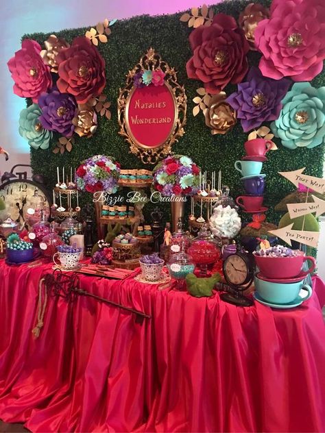 Natalie's Wonderland birthday party | CatchMyParty.com Alice In Wonderland Quinceanera Theme Invitation Ideas, Alice In Wonderland Quinceanera Dresses, Tim Burton Alice In Wonderland Party, Alice In Wonderland Dance Theme, Alice And Wonderland Quinceanera, Unbirthday Party Ideas, Alice In Wonderland Sweet 16, Alice In Wonderland Quinceanera Theme, Wonderland Party Theme