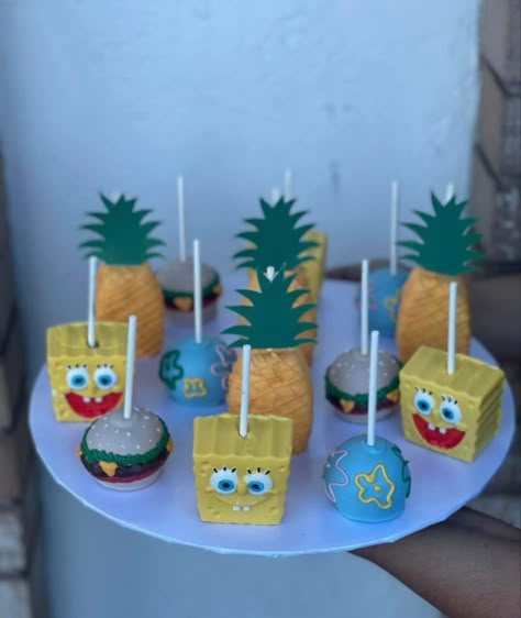 Spongebob Birthday Desserts, Spongebob Desserts Ideas, Spongebob Treats Diy, Spongebob Birthday Treats, Spongebob Rice Crispy Treats, Spongebob Party Treats, Spongebob Treat Table, Spongebob Dessert Table, Spongebob Bouquet