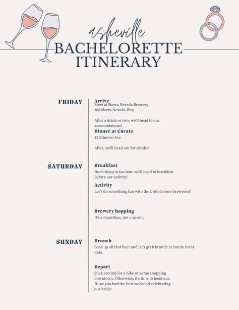 Asheville Bachelorette Itinerary, Bachlorette Itenary Template, Bachelorette Planning Guide, Free Bachelorette Itinerary Template, Bachelorette Party Agenda, Bachelorette Itenary Template, Bach Itinerary Template, Bachelorette Party Timeline, Asheville Nc Bachelorette Party