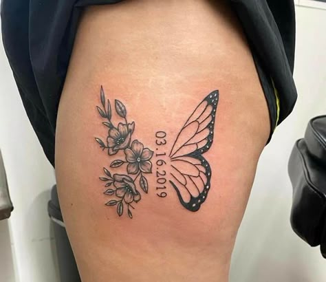 Thigh Butterfly Tattoo Women, Butterfly Date Tattoo, Half Butterfly Half Angel Wing Tattoo, Arm Tattoos For Women Meaningful, Simple Thigh Tattoos, Tattoo Women Butterfly, Butterfly Memorial Tattoo, Butterfly Tattoo Back, Best Thigh Tattoos