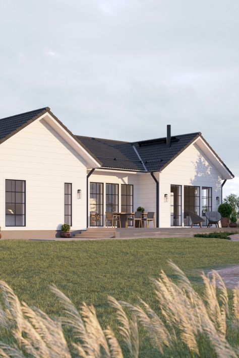 The floor plan of this log home provides a fair amount of space for excellent everyday functionality. The classic architecture of Honka Suvi stands the test of time.

The spacious utility room is directly accessible from the island kitchen, which also has access to a sizeable patio. The large master bedroom is at the other end of the building, offering peace and quiet for the adults in the family. Modern Nordic House, Nordic House Design, New England House Plans, Nordic Farmhouse, Log Home Kits, Nordic Nature, Log Houses, New England Farmhouse, Nordic House