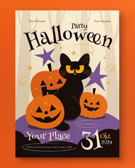 Halloween Ads Design, Halloween Event Flyer, Halloween Poster Ideas, Cute Poster Design, Cute Halloween Poster, Halloween Illustration Design, Halloween Flyer Design, Halloween Design Graphic, Halloween Poster Design