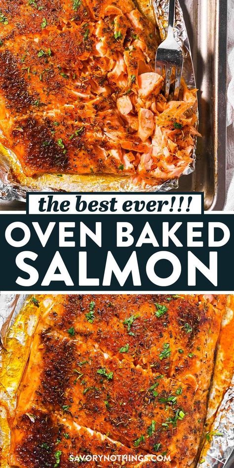 This Oven Baked Salmon is brushed with garlic butter, then sprinkled with a delicious brown sugar spice mix for the perfectly baked salmon fillet. Salmon Seasoning Baked, Oven Cooked Salmon, Baked Salmon Fillet, Simple Baked Salmon, Cooking Salmon Fillet, Oven Baked Salmon Recipes, Salmon Recipes Oven, Oven Salmon, Oven Roasted Salmon