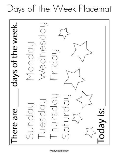 Days of the Week Placemat Coloring Page - Twisty Noodle Trace Days Of The Week, Days Of The Week For Kindergarten, Days Of The Week Coloring Pages, Days Of The Week Activities Preschool, Days Of The Week Worksheet Preschool, Tracing Days Of The Week, K5 Crafts, Days Of The Week Printables, Days Of The Week Worksheet