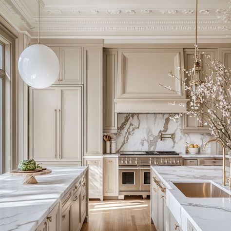 Traditional Modern Kitchen Design, Colonial Chic Kitchen, 12 Foot Ceilings Kitchen, Kitchen Traditional Modern, French Contemporary Kitchen, Pitched Ceiling Kitchen, Gwyneth Paltrow Kitchen, Alison Victoria Kitchen, Kitchen Two Islands