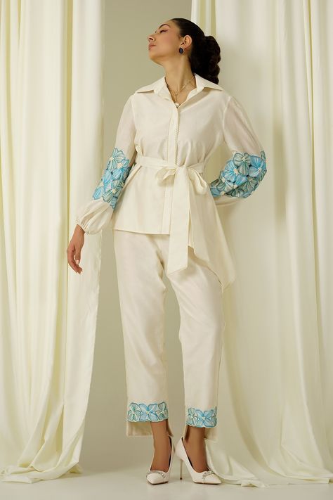 Buy Ivory Chanderi Embroidered Thread Collared Sleeve Shirt And Pant Set For Women by Sakshi Khetterpal Online at Aza Fashions. Stylish Tops For Women, Office Wear Women, Shirt Pant Set, Indian Dress, Pants Pattern, Pant Set, Shirt And Pants, Girls Wear, Embroidered Shirt