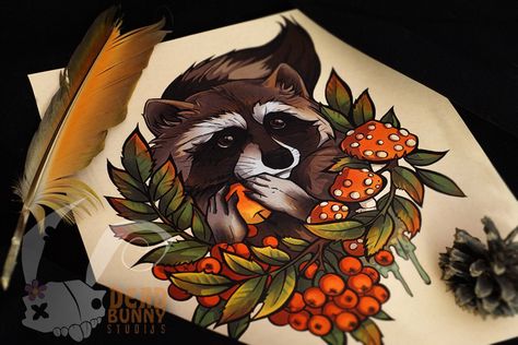 Hase Tattoos, Racoon Tattoo, Raccoon Tattoo, Compass Rose Tattoo, Stunning Tattoos, Tier Tattoo, Autumn Tattoo, Neotraditional Tattoo, Bunny Tattoos