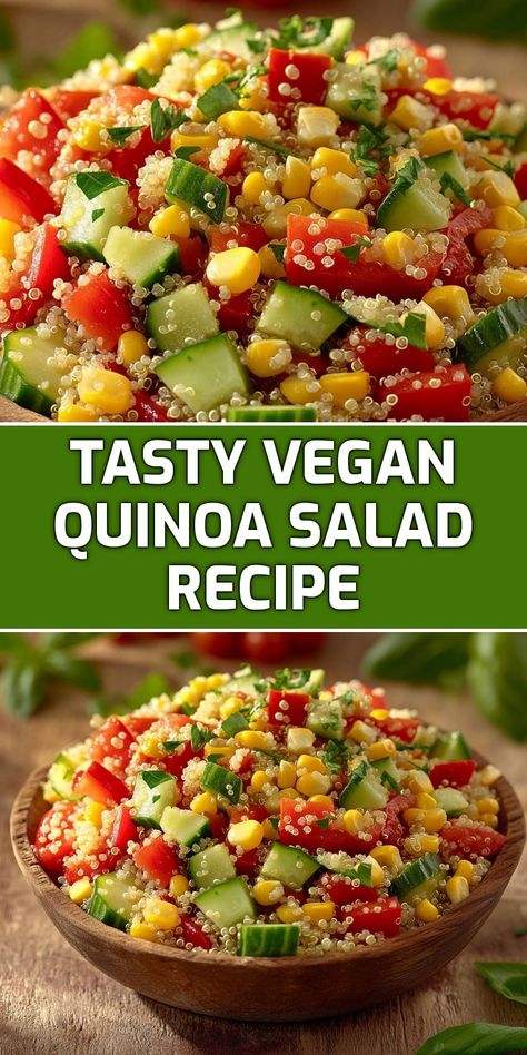 I'm excited to share my Tasty Vegan Quinoa Salad recipe! This vibrant dish is packed with fresh vegetables like cucumber, bell peppers, and sweet corn, all tossed with fluffy quinoa. It's not just delicious but also healthy and perfect for any occasion. Whether you're meal prepping for the week or looking for a colorful side to bring to a potluck, this salad is sure to impress! Salads Recipes Vegetarian, Cold Quinoa Salad Recipes, Quinoa Recipes Salad, Vegetarian Lunch Meal Prep, Quinoa Wrap Recipes, Easy Quinoa Salad Recipes, Vegan Cucumber Salad, Caprese Quinoa Salad, Quinoa Salad Recipes Cold