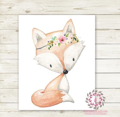 Room Watercolor, Forest Cafe, Nursery Baby Girl, Watercolor Woodland, Fox Wall Art, Nursery Canvas, Woodland Animal Nursery, Animal Wall Art Nursery, Pink Forest