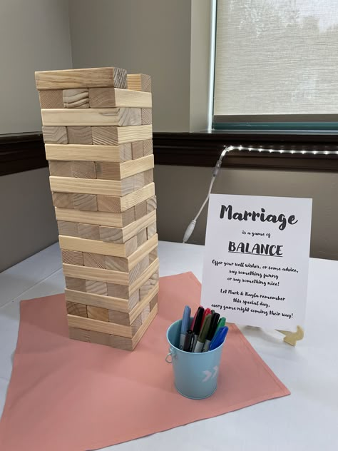 Jenga Wedding Ideas, Brunch Bridal Shower Games, Coworker Wedding Shower Ideas, Jenga Bridal Shower Idea, Board Game Wedding Shower Theme, Board Game Bridal Shower Theme, Bridal Party Activities, Coed Bridal Shower Ideas Decoration, Co Ed Bridal Shower Games