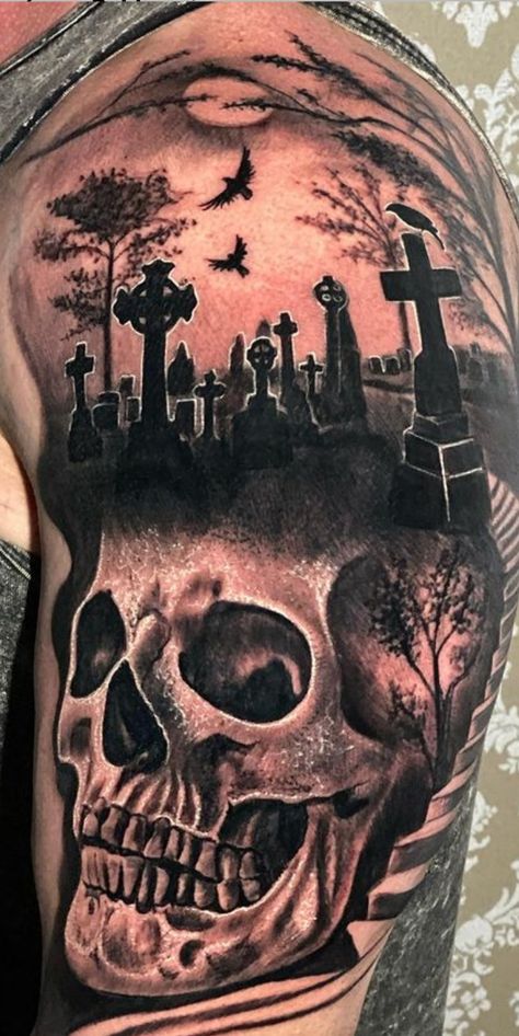 Saved Tattoo Ideas, Graveyard Scene Tattoo, Grave Yard Tattoos Designs, Grave Yard Tattoos, Cemetery Tattoo Design, Graveyard Tattoo Design, Graveyard Tattoos, Gravestone Tattoo, Macabre Tattoo