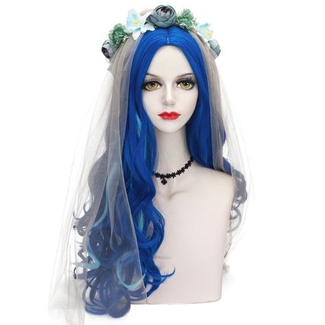 🔥$30.99 1 wig +1 Veil + 1 Flower Crown + 1 Wig Cap Veil Flower Crown, Emily Corpse Bride, Corpse Bride Costume, Queen Of Hearts Costume, Bride Costume, Blue Wig, Lost Hair, Half And Half, Corpse Bride