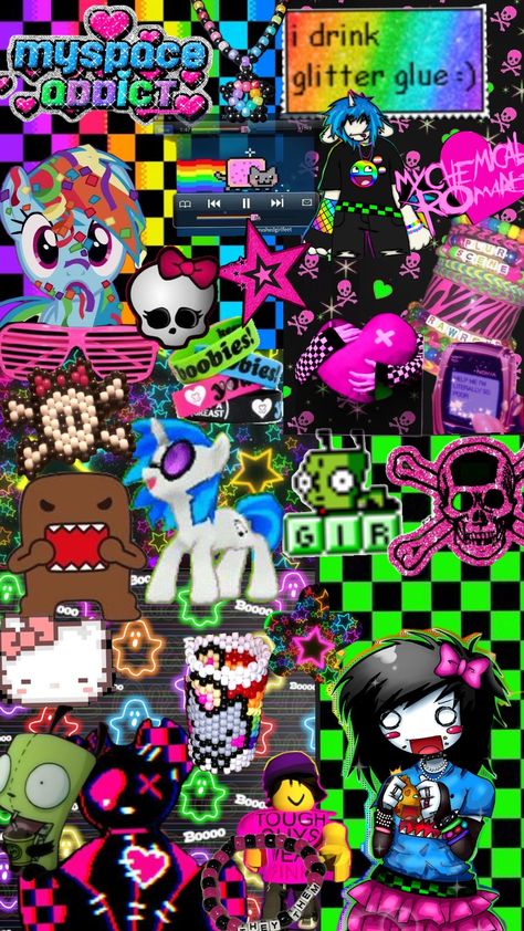 Scene wallpaper XD 💀🎀 Scene Phone Background, Scenecore Lockscreen, Scene Core Background, Scene Vs Emo, Scene Kid Background, Scene Homescreen, Iphone Wallpaper Emo, Scene Aesthetic Wallpaper, Scene Wallpaper Iphone