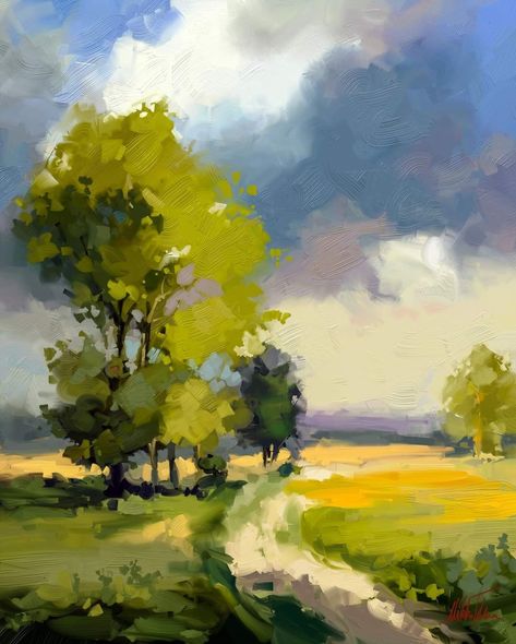 Chalk Pastel Landscape, Chalk Pastel Art, Modern Landscape Painting, Tree Watercolor Painting, Watercolor Art Landscape, Digital Oil Painting, Impressionist Landscape, Landscape Art Painting, 수채화 그림