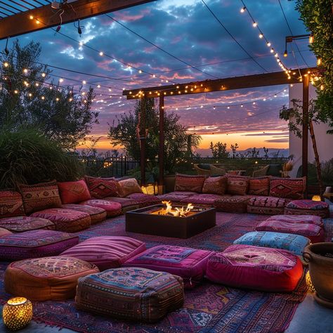 Cozy Evening Ambiance: An inviting outdoor space with a fire pit and twinkle lights illuminates the beautiful twilight sky. #outdoor #evening #ambiance #firepit #twinklelights #aiart #aiphoto #stockcake ⬇️ Download and 📝 Prompt 👉 https://ayr.app/l/TgSA Cottagecore Decorations, Bohemian Backyard, Outdoor Evening, House Dance, Twilight Sky, Colourful Cushions, Christmas Fireplace, Festoon Lighting, Small Patio