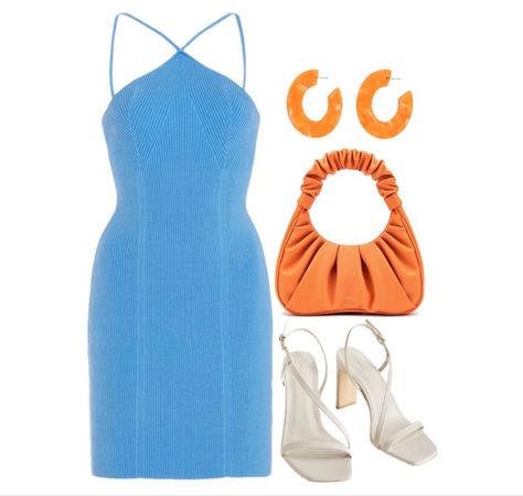 Orange Dress Blue Heels, Blue Dress Orange Accessories, Orange Handbag Outfit, Fitted Orange Summer Mini Dress, Retro Fitted Orange Mini Dress, Orange Retro Mini Dress, Orange V-neck Mini Dress For Date Night, Orange Handbag, Handbag Outfit