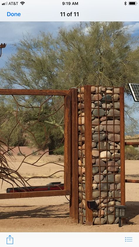 Gabion Driveway Entrance, Gabion Entrance Gate, Perimeter Fence Design, Gabion Ideas, Rock Wall Fence, Gabion Walls, Entry Gate, Gabion Wall Design, Ranch Entrance Ideas