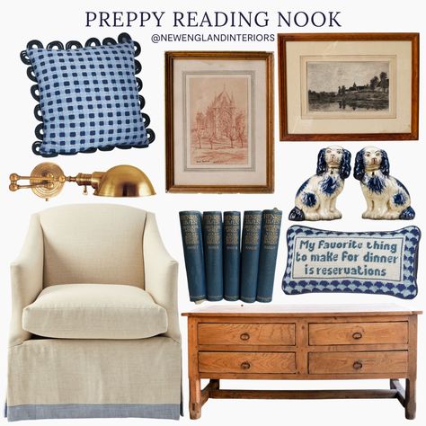 New England Interiors – Preppy Reading Nook – Throw Pillows, Chair, Lighting, Dresser, Wall Art, Decor & Accessories. Preppy Family Room, Cottage Sitting Room Ideas, New England Home Decor, New England Interiors, New England Style Interiors, New England Bedroom, New England Interior Design, England Home Decor, Furniture Staging