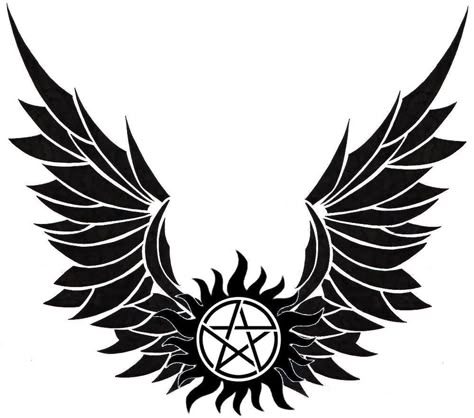 Anti- Possession tattoo with Cas's wings....I WANT THIS Anti Possession Symbol Tattoo, Tattoo With Angel Wings, Tatuagem Twenty One Pilots, Supernatural Angel Wings, Supernatural Anti Possession Tattoo, Supernatural Tattoos, Anti Possession Tattoo, Supernatural Anti Possession, Anti Possession Symbol