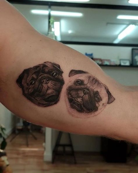 Pug Dog Tattoo, Pet Portrait Tattoos, Greyhound Tattoo, Black And Grey Realism, Pug Tattoo, Think Tattoo, Dog Tattoo Ideas, Etching Tattoo, Anubis Tattoo