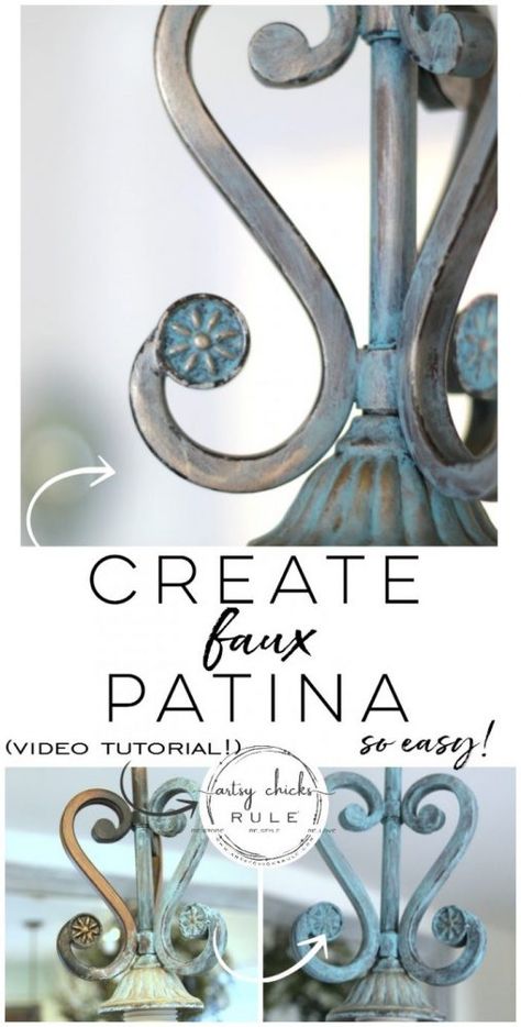 Patina Wood Furniture, Metallic Painted Furniture Diy, How To Paint Metal, Painting Light Fixtures, Metallic Painted Furniture, Metal Lamps, Chandelier Makeover, Patina Paint, Damask Stencil