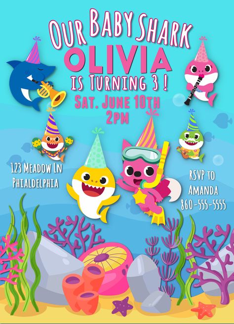 Shark Birthday Party Invitation, Shark Invitation, Baby Shark Birthday Party, Birthday Card Template Free, Shark Party Decorations, Shark Birthday Invitations, Baby Party Decorations, Baby Shark Birthday, Shark Themed Birthday Party