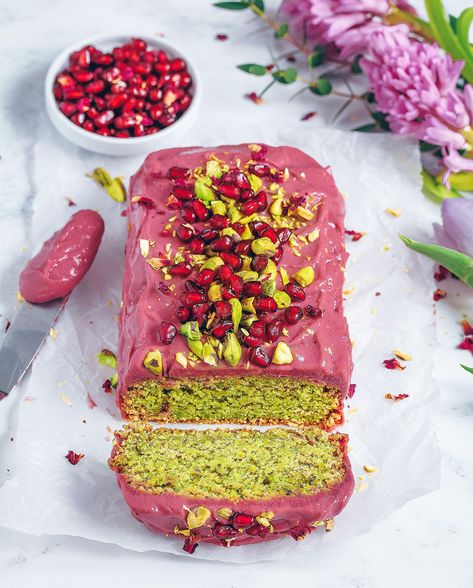 Pistachio Rose Cardamom Cake, Vegan Gf Recipes Desserts, Pistachio Cardamom Rose Loaf, Baking With Pomegranate Seeds, Pistachio Pomegranate Cake, Vegan And Gluten Free Recipes Desserts, Vegan Gf Cake, Beautiful Baked Goods, Healthy Snacks For Party