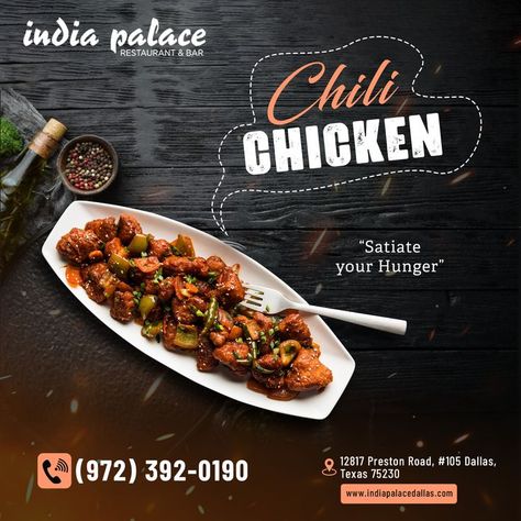 Savor fresh and yummy Chili Chicken in Dallas! India Palace serves mouth-watering Chilli Chicken each day of the week for chicken meat enthusiasts. 👉 Call us at 📲 (972) 392-0190 👉 Order online via Grubhub, UberEats, or DoorDash 👉 Come to 📌 12817 Preston Road, #105 Dallas, Texas 75230. Chicken Shashlik, India Palace, Food Morning, Chicken Poster, Hotel Menu, Cloud Kitchen, Tiktok Marketing, Cafe Posters, Chicken Plating