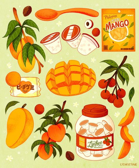 Summer Fruit on Behance Digital Art Fruit, Mango Illustrations Design, Mango Graphic Design, Tropical Fruits Illustration, Lychee Drawing, Mango Doodle, Mango Drawings, Mango Illustrations, Fruit Digital Art