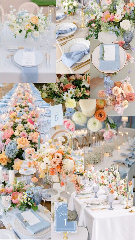 Wedding Color Inspo Spring, White And Pastel Wedding Decor, Colorful Floral Wedding Aisle, Aesthetic Blue Wedding, Pastel Flowers Aesthetic, Pastel Rustic Wedding, Beachy Floral Wedding, Floral Garden Wedding Theme, Pastel Color Scheme Wedding