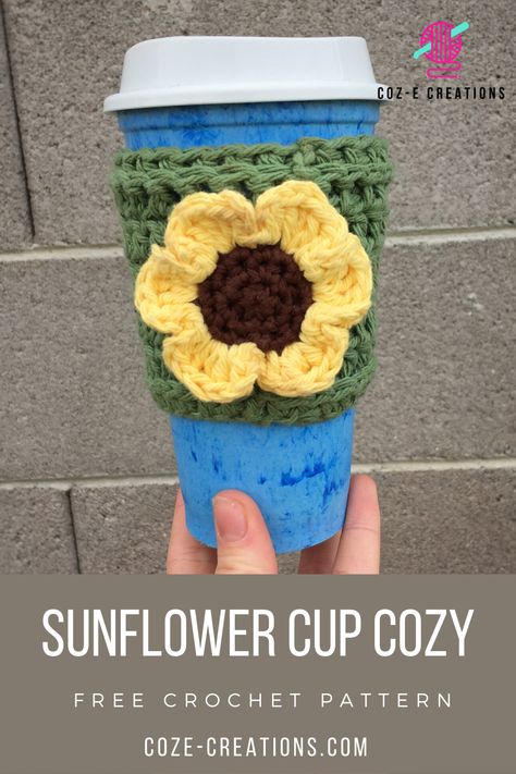 Crochet Cup Cozy Free Pattern Cute, Sunflower Cup Cozy Crochet, Crochet Cup Cozy With Handle Free Pattern, Mug Cozy Crochet Pattern Free, Crochet Cup Cozy Free Pattern, Crochet Koozies, Market Crochet, Crochet Cup Coaster, Cup Cozy Crochet Pattern