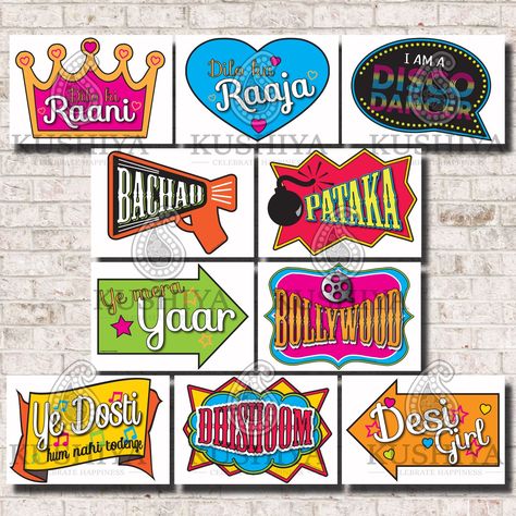 Bollywood Party Photo Booth Props Set of 10 Indian Style - Etsy Canada Spinsters Party, Diwali Backdrop, Engagement Planner, Photo Booth Printables, Bollywood Theme, Diy Events, Wedding Photo Booth Props, Simple Bridal Shower, Booth Wedding