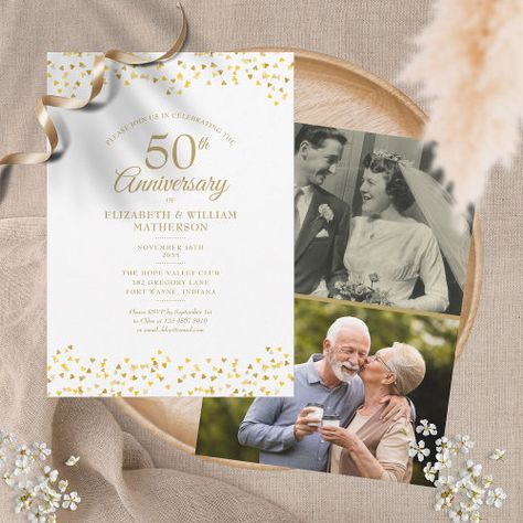 $2.92 | 50th Golden Anniversary Love Hearts 2 Photo - golden wedding anniversary, 50th wedding anniversary, golden wedding celebration, golden love hearts confetti, vow renewal, elegant modern gold script typography, 2 photo, 50th anniversary invitations, anniversary wording invitations, anniversary party invitations 50th Golden Anniversary, 50th Anniversary Invitations, 50th Wedding Anniversary Invitations, Heart Wedding Invitations, Anniversary Party Invitations, Golden Wedding Anniversary, Wedding Anniversary Invitations, Golden Anniversary, Anniversary Invitations