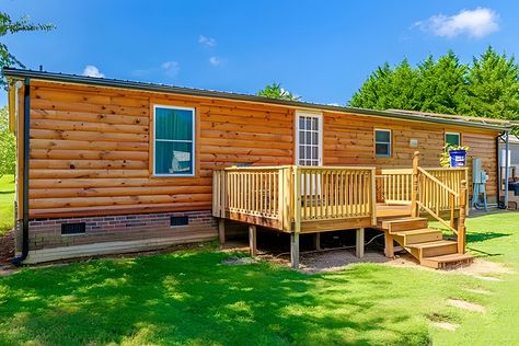 18 Stunning Mobile Home Log Cabin Ideas Mobile Home Siding Ideas, Mobile Home Exterior Ideas, Log Cabin Modular Homes, Log Cabin Makeover, Log Cabin Mobile Homes, Mobile Home Siding, Modern Siding, Single Wide Mobile Home, Mobile Home Exteriors