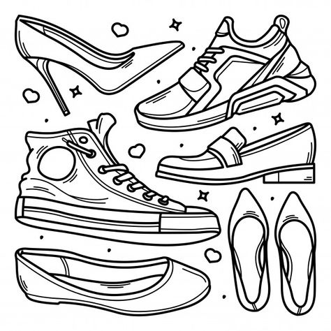 Shoes Doodle Art, Drawings On Shoes, Shoe Doodles, Shoes Doodle, Fashion Doodles, Doodle Shoes, Drawing Shoes, Shoe Store Design, Collection Of Shoes