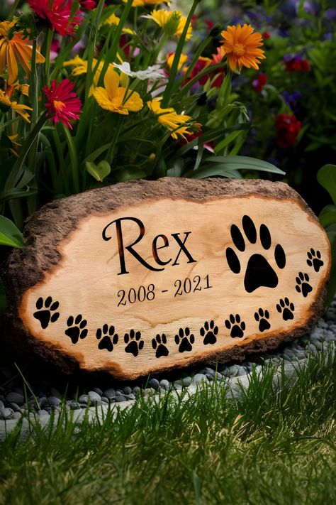 Memorial plaque for a dog named Rex (2008-2021) surrounded by colorful flowers. Memorial Box Ideas, Pet Memorial Garden Ideas, Memorial Photo Ideas, Memorial Garden Ideas, Pet Memorial Garden, Pet Memory, Memorial Garden Stones, Painted River Rocks, Memorial Ideas