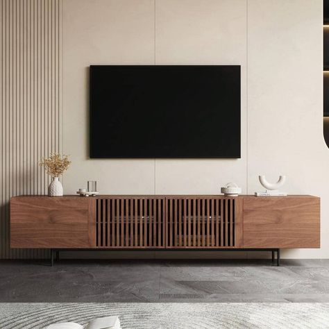 Minimal Tv Stand, Tv Living Room Ideas, Wooden Media Console, 75 Inch Tv, Wall Mounted Tv Unit, Mid Century Modern Tv, Small Tv Unit, Tv Unit Design Modern, Mid Century Modern Tv Stand