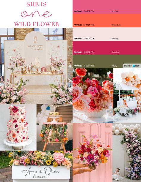 She is one wild flower birthday party moodboard Wild Flowers Theme Party, Wild Flower Birthday Party Ideas, Flowery First Birthday, She Is One Wildflower Birthday, Wildflower Turning One, One Wildflower Birthday Theme, Two Wild Flower Birthday Party Girl, Wild Flower Birthday Theme Decoration, Fall Wildflower Birthday Party Girl