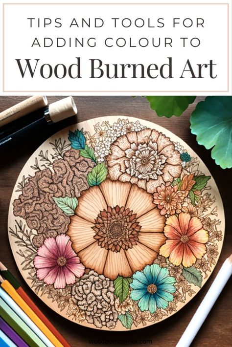 a wood round with flowers wood burned onto it. some of the flowers have been colored in using pencil crayon and water color paints. How To Paint Wood Burning Projects, Woodburning And Painting, Pyrography With Color, Pyrography Project Ideas, Pyrography And Paint, Simple Pyrography Designs, Wood Burning Craft Ideas, Simple Wood Burning Designs, Pyrography Ideas For Beginners