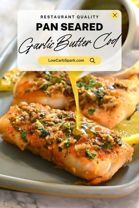 Learn how to make this incredible Lemon Butter Pan Seared Cod recipe! Tender, flaky cod fillets are pan-seared and covered in a rich garlic butter sauce. This 20-minute cod recipe is perfect for any night of the week. Lemon Butter Cod, Cod Loin Recipes, Pan Seared Fish, Pan Seared Cod, How To Cook Cod, Cod Fillet Recipes, Seared Cod, Baked Cod Recipes, Cod Fillets