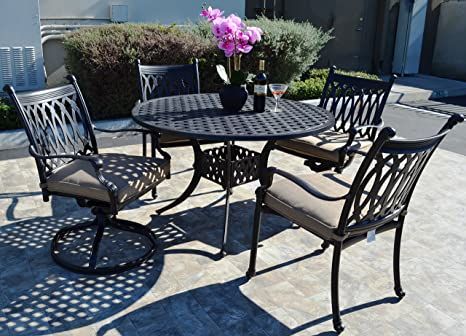 Amazon.com: theWorldofpatio Grand Tuscany Cast Aluminum Powder Coated 5pc Outdoor Patio Dining Set with 48" Round Table with Sunbrella Cushions- Antique Bronze : Patio, Lawn & Garden Patio Table Set, Swivel Rocker Chair, Outdoor Patio Dining, Relaxing Chair, Living Room Balcony, Sunbrella Cushions, Outdoor Furniture Collections, Patio Dining Set, Patio Furniture Sets