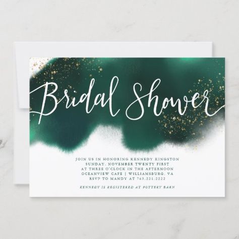 Modern Emerald Green Gold Glitter Bridal Shower for $2.80 - Bridal Shower Invitations Bridal Shower Decorations Elegant, Green Bridal Showers, Glitter Bridal Shower, Nye Wedding, Emerald Green Weddings, Bride Shower, Watercolor Ombre, Elegant Bridal Shower, Green Wedding Invitations